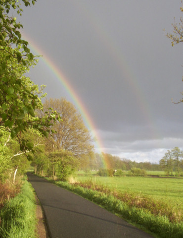 Am Ochsenweg (Liether Moor): Regenbogen nach schaurigem Tag im Mai 2005